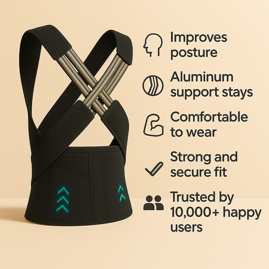 Black back support brace with features