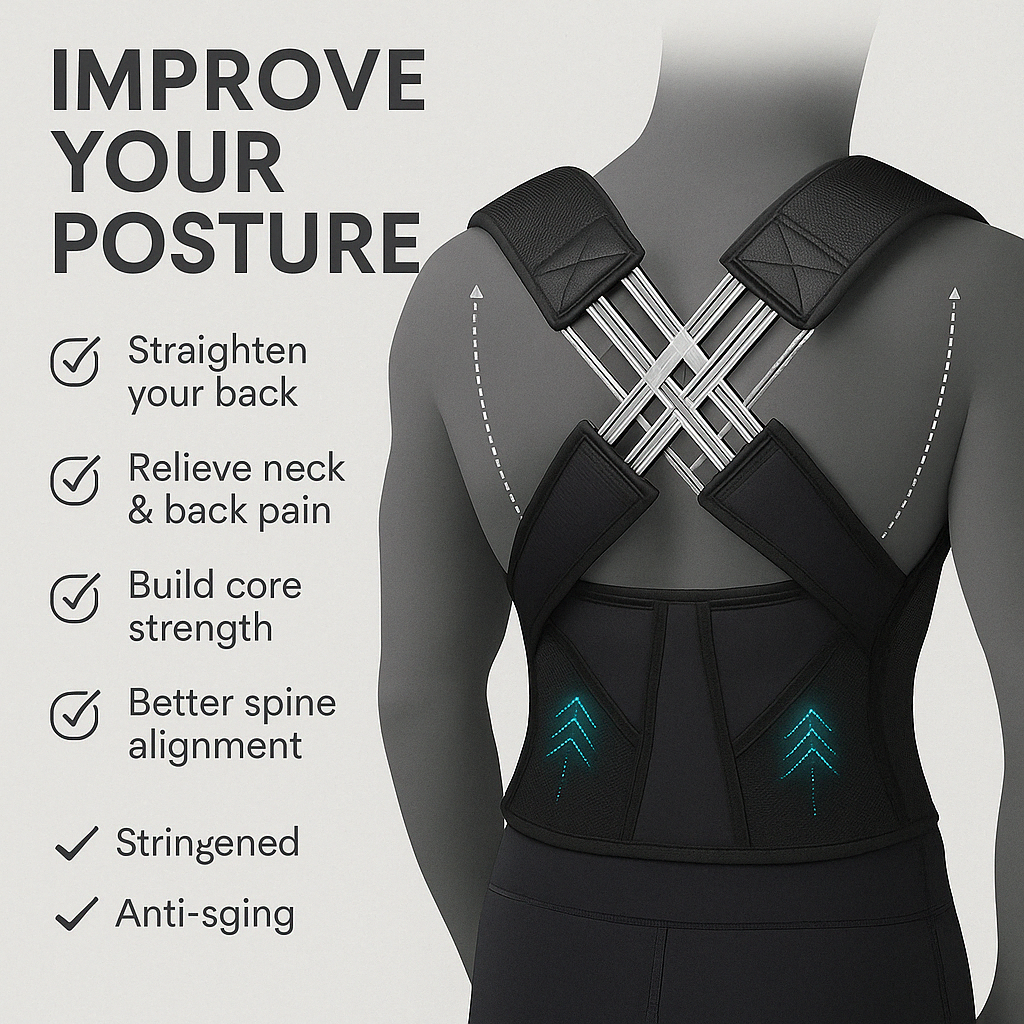 Back brace with text highlighting its benefits