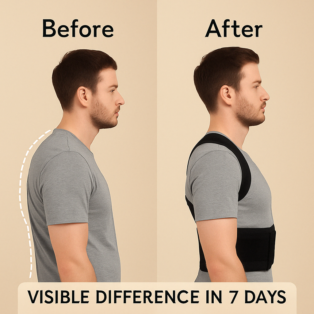 Before and after comparison of a person wearing a back brace