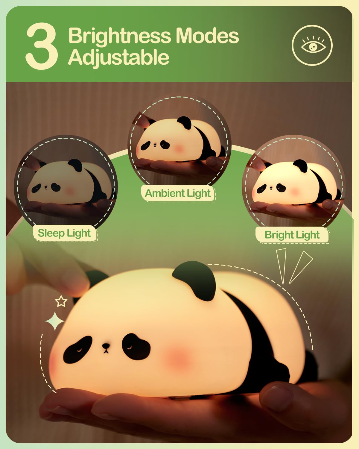 Panda-shaped night light with adjustable brightness modes on a green background